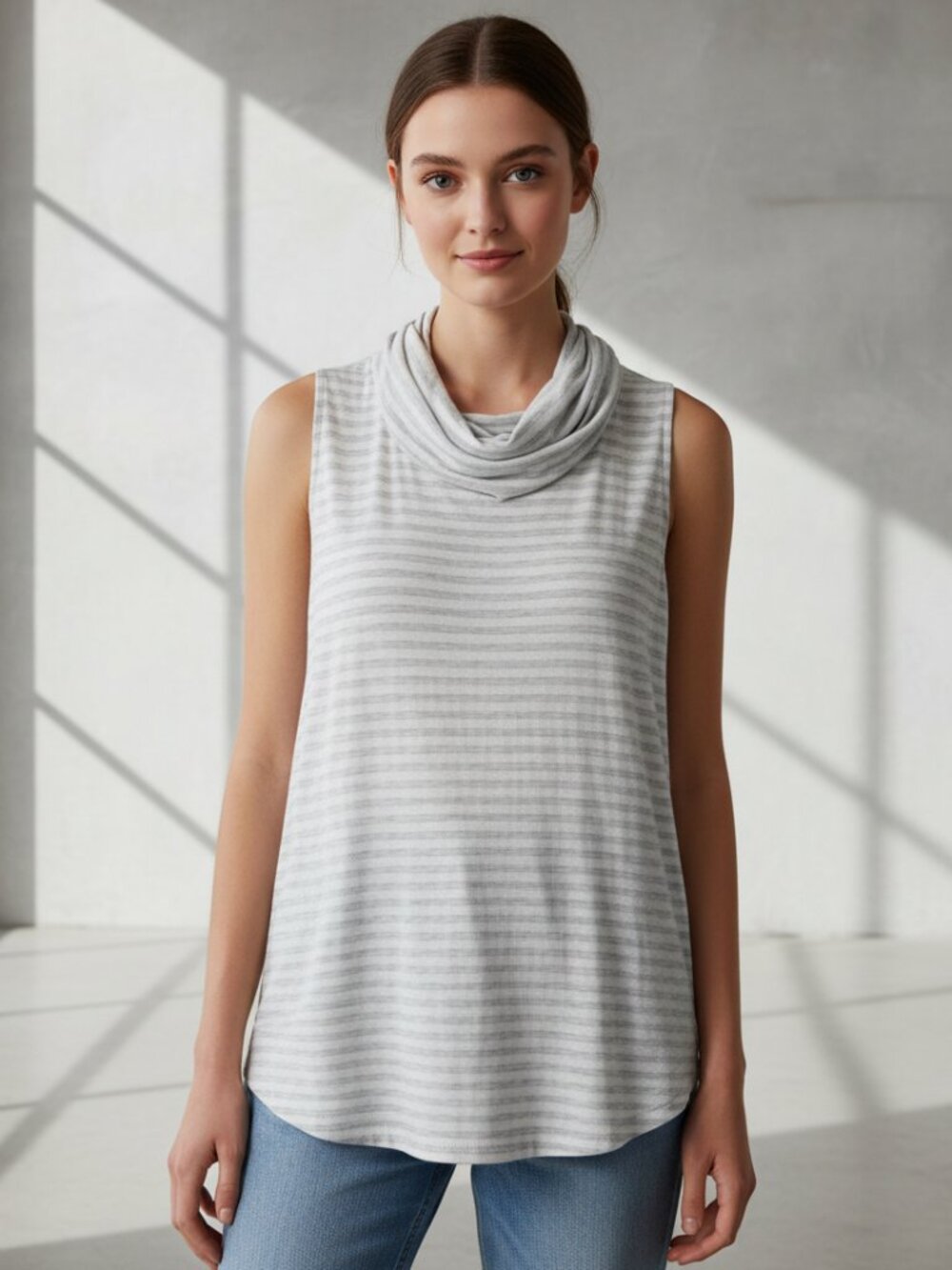 Lou Grey M Cowl Neck Gray Cream Striped Soft‎ Tunic Top Minimalist Quiet Luxury